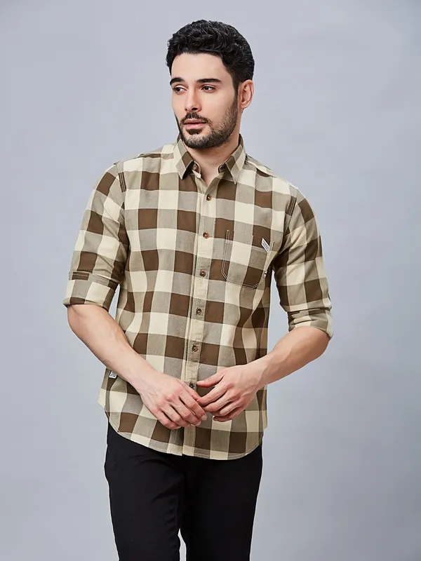 RIVER BLUE checks pattern olive cotton shirt