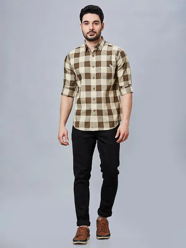 RIVER BLUE checks pattern olive cotton shirt