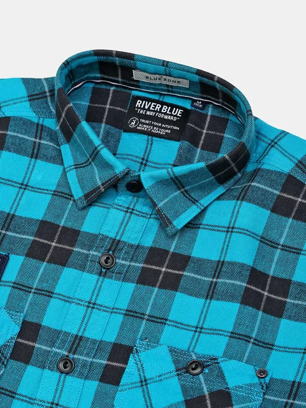 River Blue checks teal blue cotton shirt