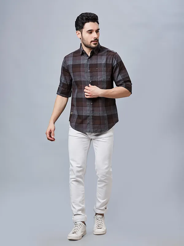 RIVER BLUE coffe cotton shirt in checks pattern