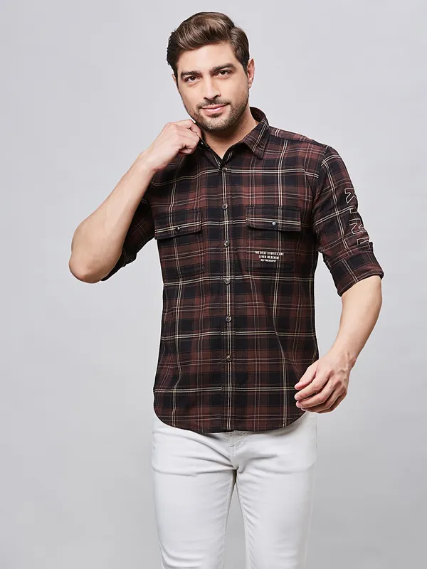 RIVER BLUE coffee check cotton men shirt