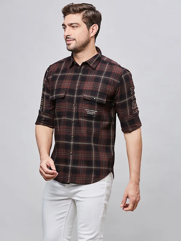RIVER BLUE coffee check cotton men shirt