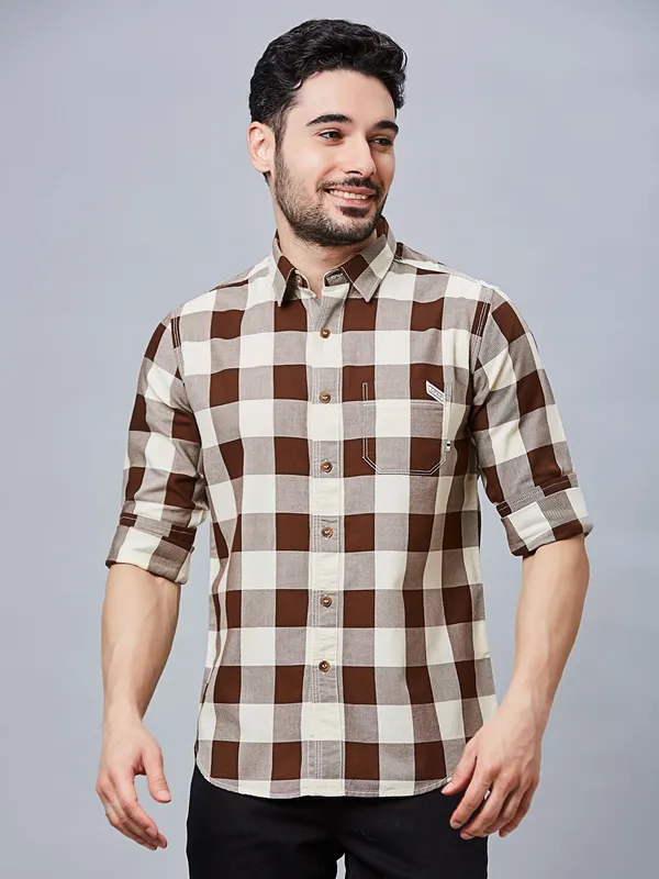 RIVER BLUE coffee checkered casual shirt