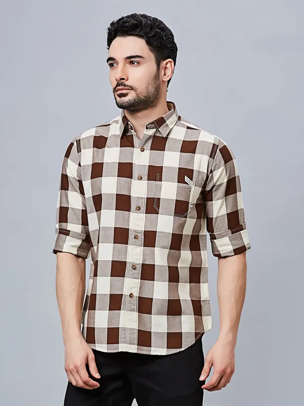 RIVER BLUE coffee checkered casual shirt