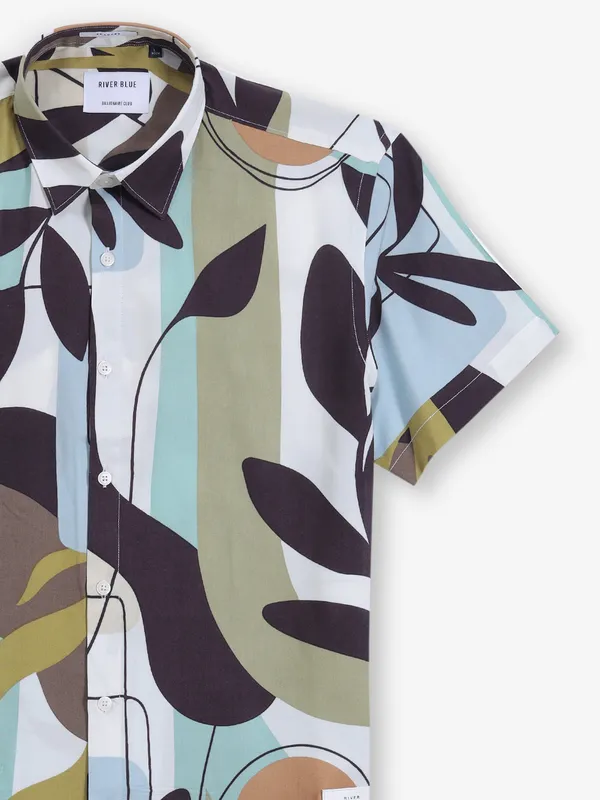 RIVER BLUE coffee printed cotton shirt