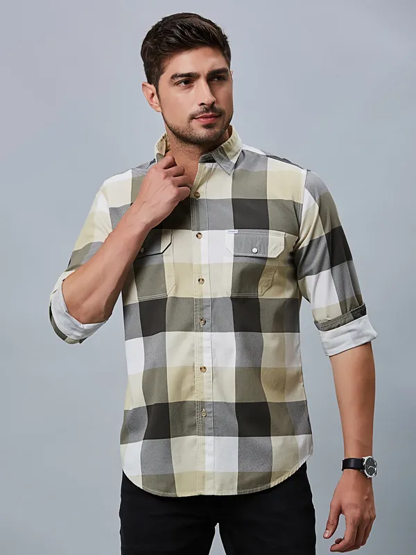 River Blue cotton beige checks shirt