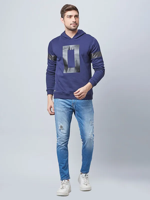 River Blue cotton blue hooded t shirt