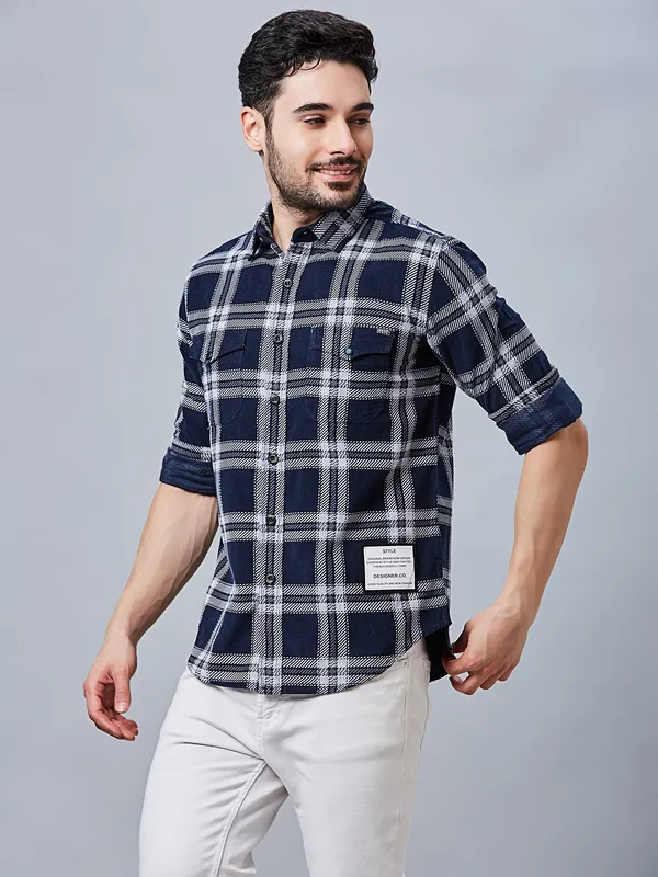 RIVER BLUE cotton blue shirt in check pattern