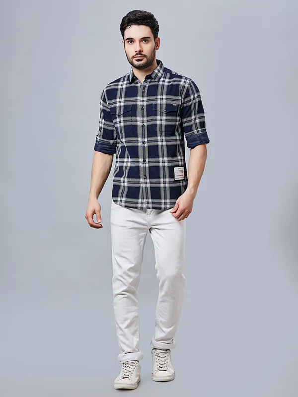 RIVER BLUE cotton blue shirt in check pattern