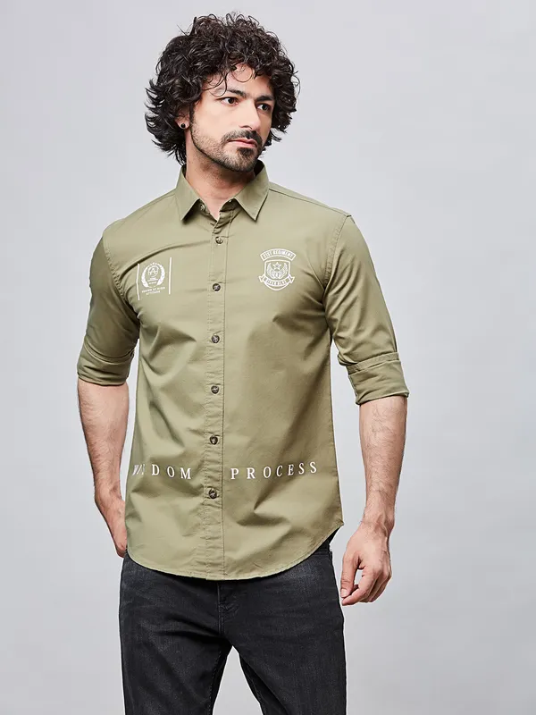 RIVER BLUE cotton casaul olive shirt for men
