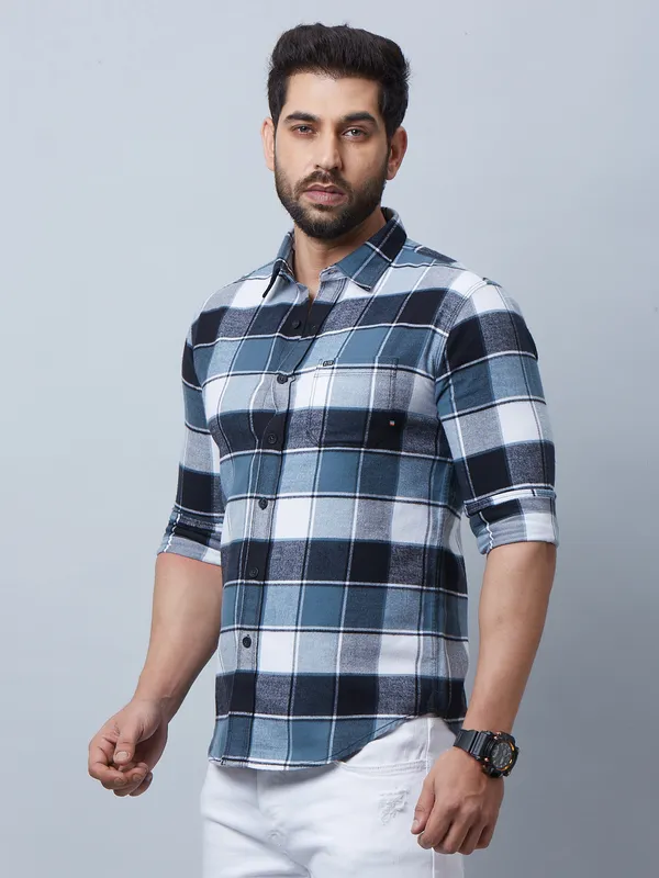 River Blue cotton dark blue checks shirt