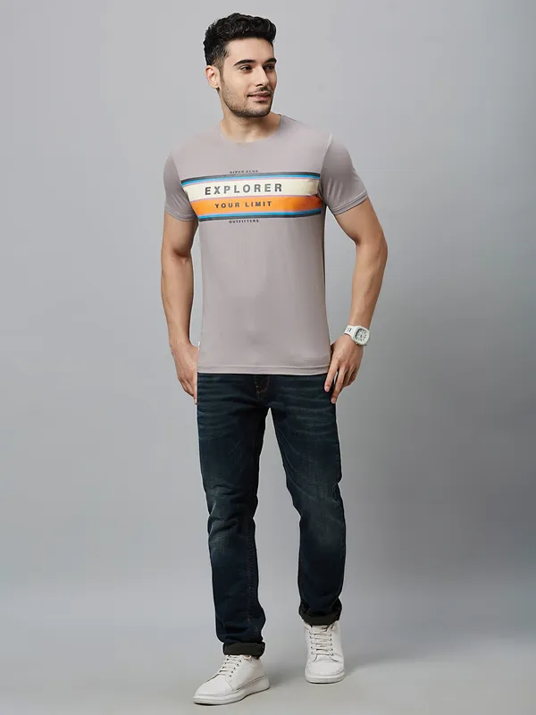 River Blue cotton light grey printed t shirt