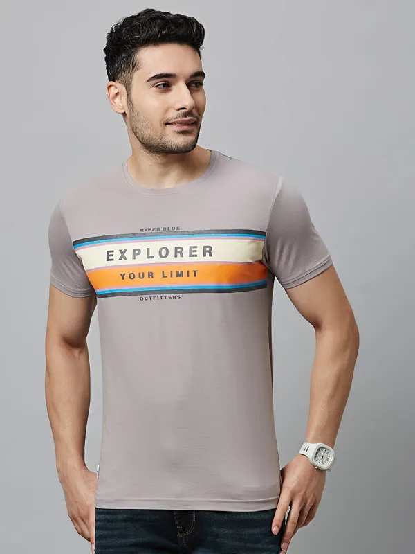 River Blue cotton light grey printed t shirt