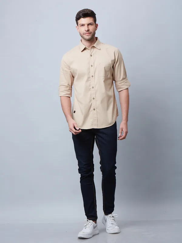 River Blue cotton plain beige shirt