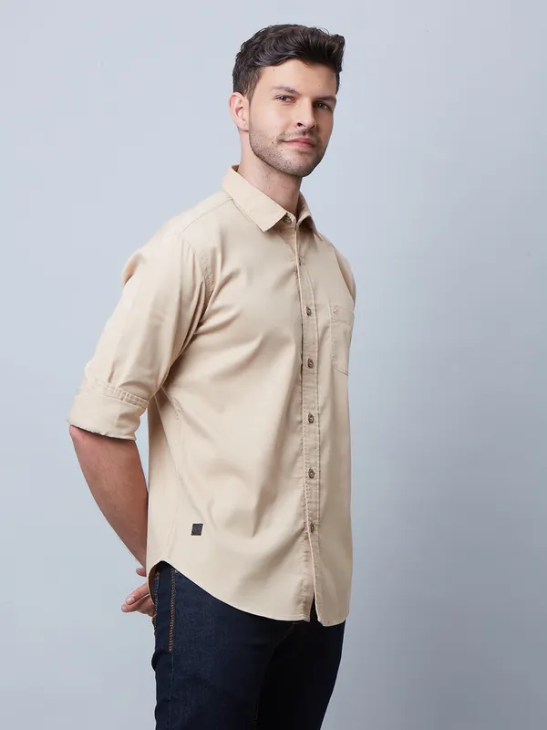 River Blue cotton plain beige shirt