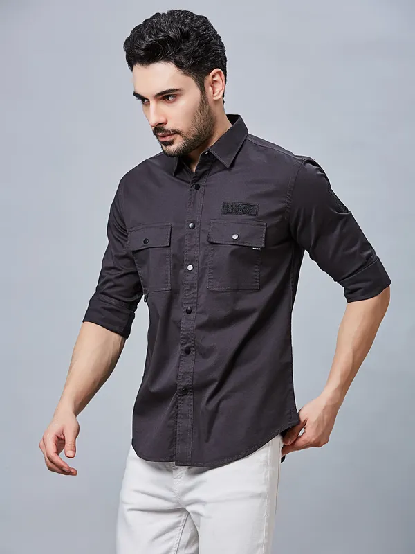 RIVER BLUE cotton plain charcoal shirt for men