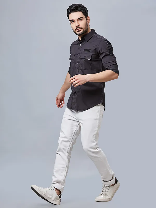 RIVER BLUE cotton plain charcoal shirt for men