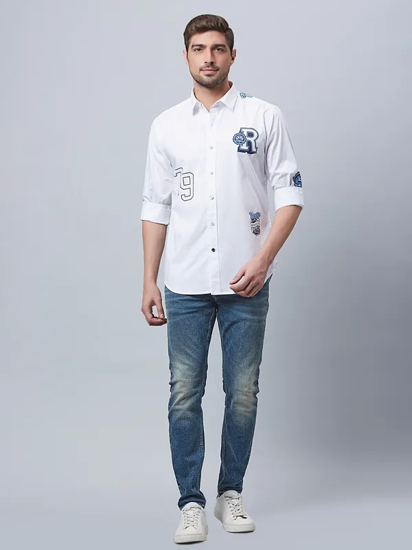 River Blue cotton printed shirt in white