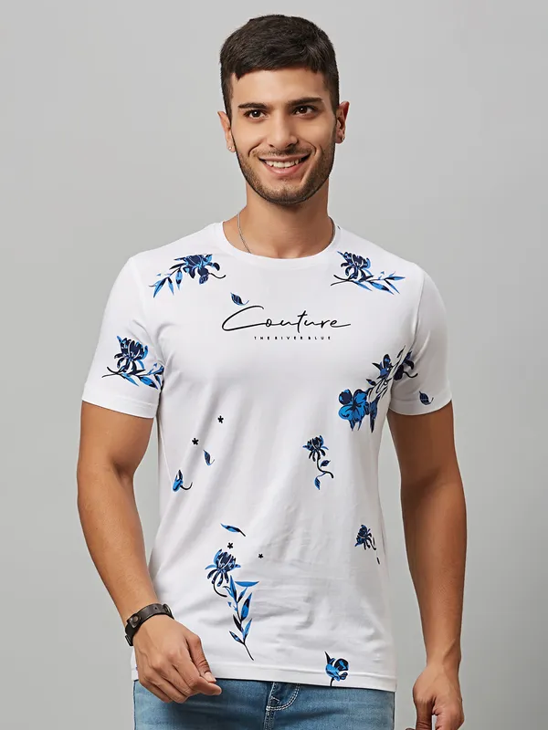River Blue cotton printed t shirt in white