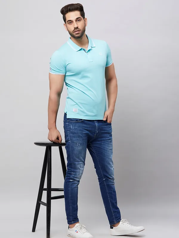 River Blue cotton sea blue plain t shirt