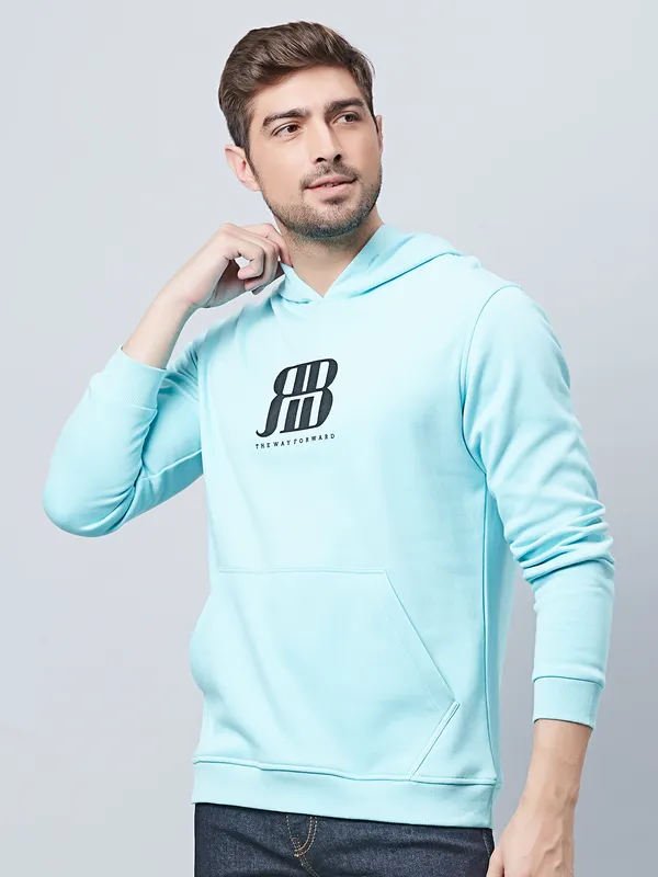 River Blue cotton sea green printed hooded t shirt
