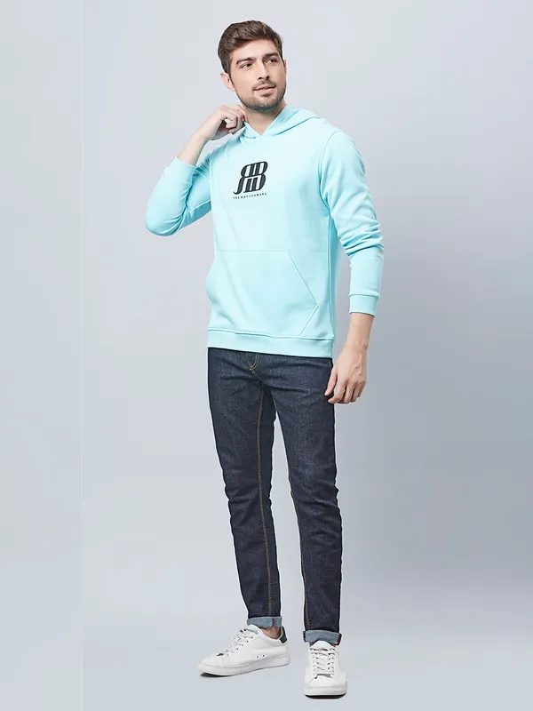 River Blue cotton sea green printed hooded t shirt