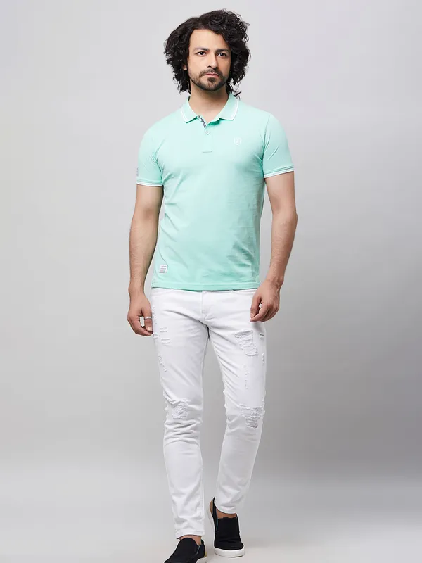 River Blue cotton sea green t shirt in plain