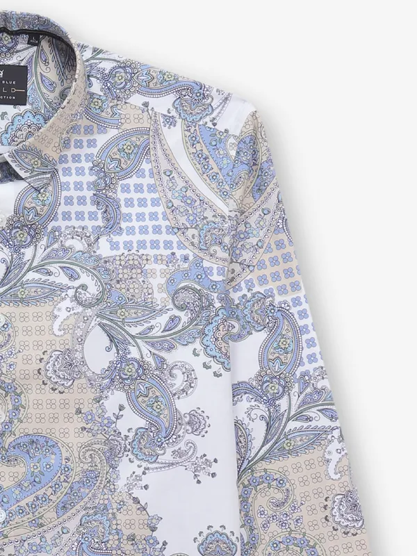 RIVER BLUE cotton silk printed white shirt