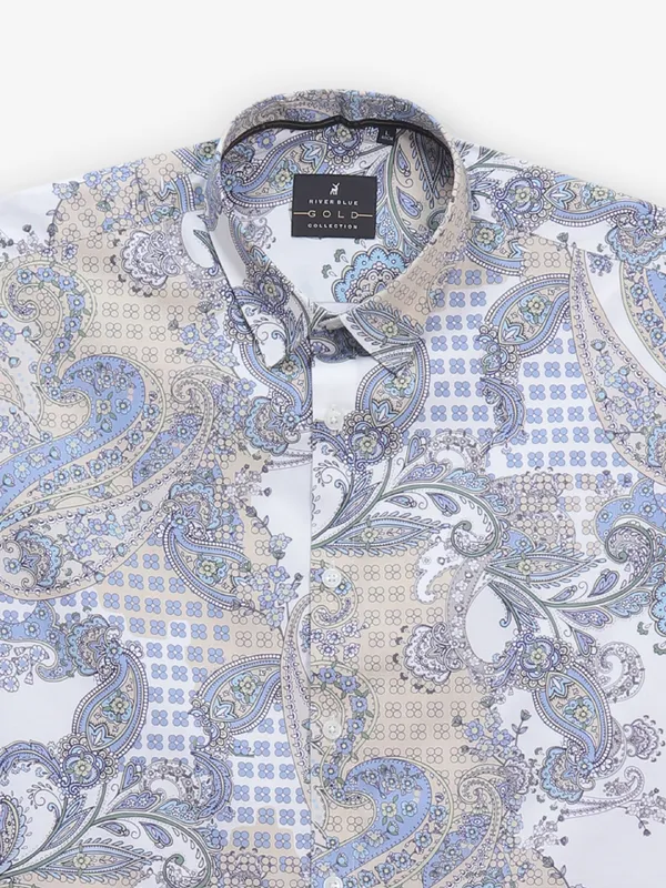 RIVER BLUE cotton silk printed white shirt