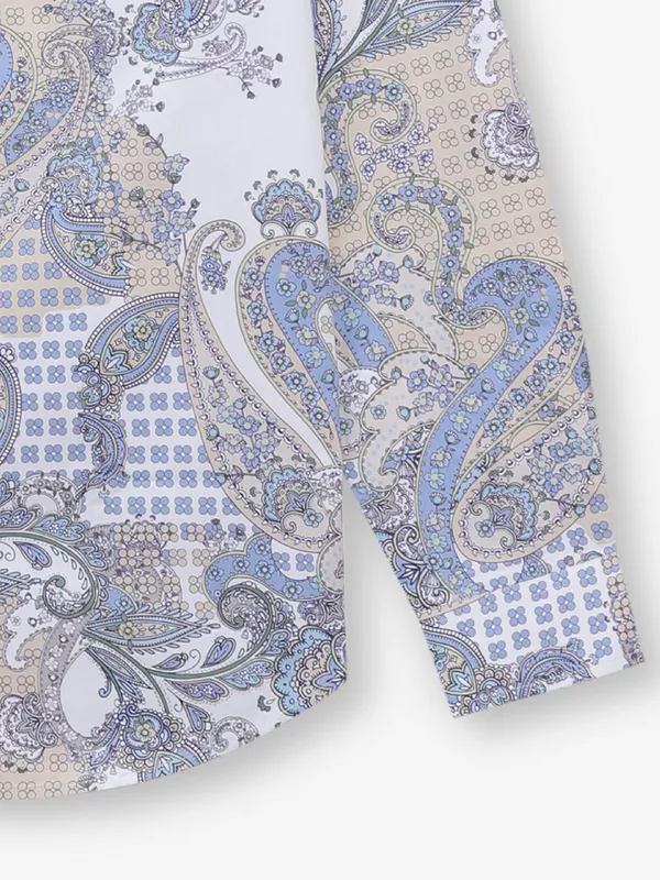 RIVER BLUE cotton silk printed white shirt