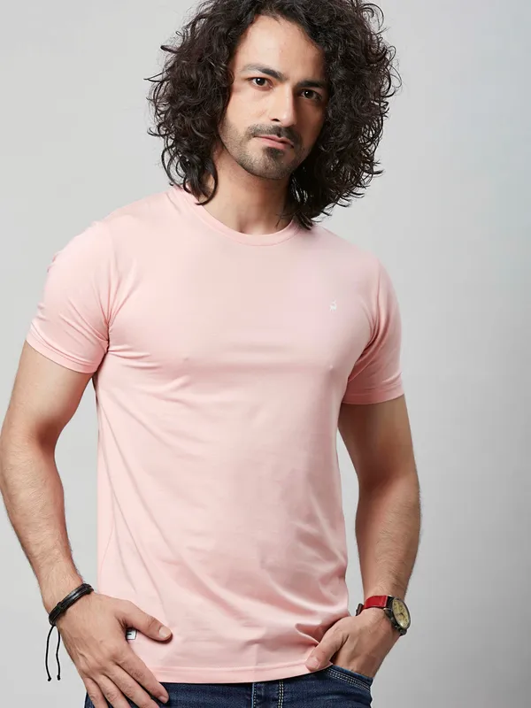 River Blue cotton slim fit light pink t shirt