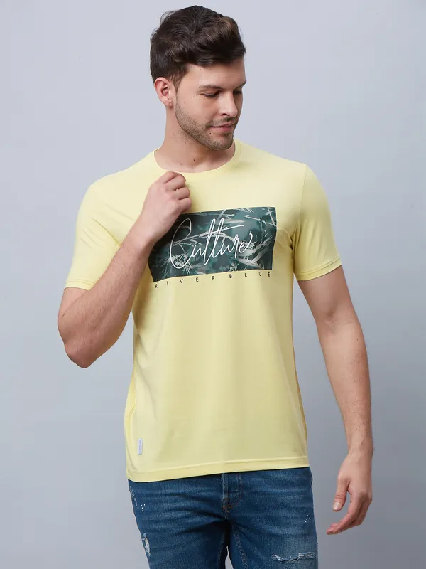 River Blue cotton yellow t shirt in printed
