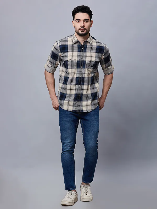 River Blue cream and blue checks shirt
