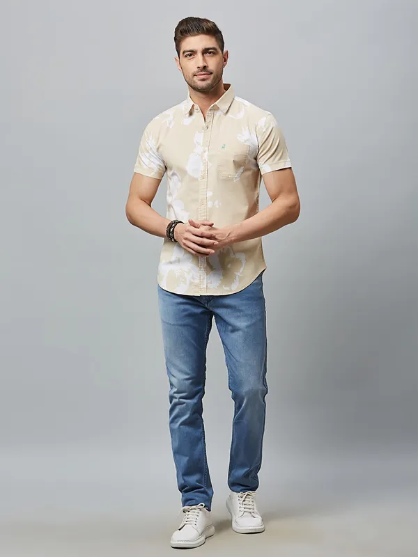 River Blue cream cotton printed shirt