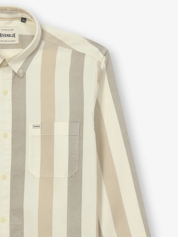 RIVER BLUE cream striped cotton casual shirt