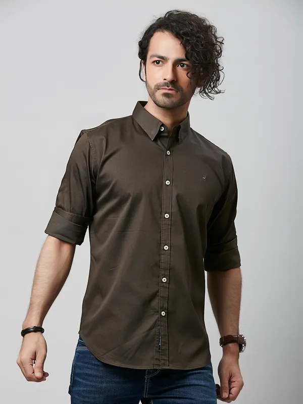 River Blue dark brown plain cotton shirt