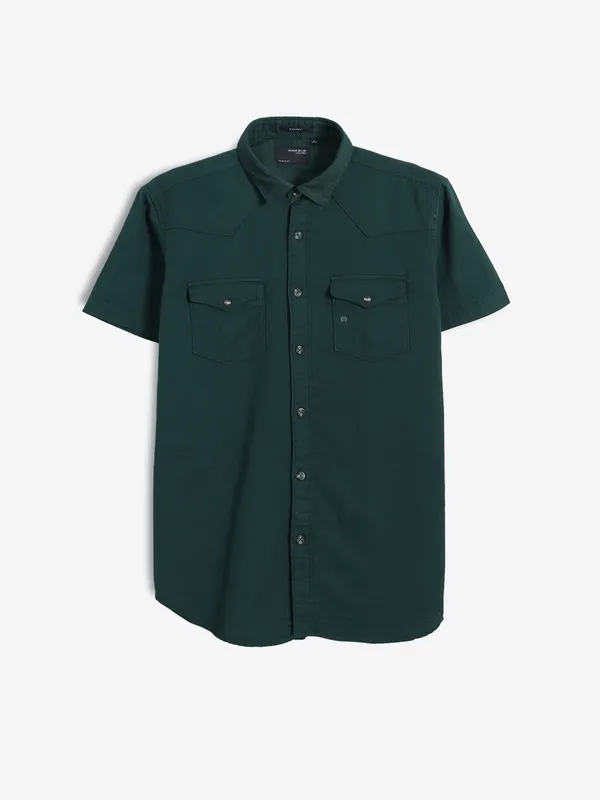 RIVER BLUE dark green plain cotton shirt