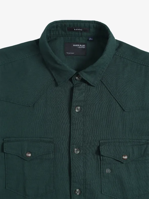 RIVER BLUE dark green plain cotton shirt