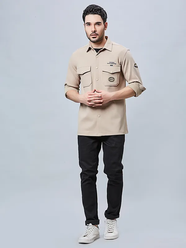 RIVER BLUE denim beige slim fit shirt