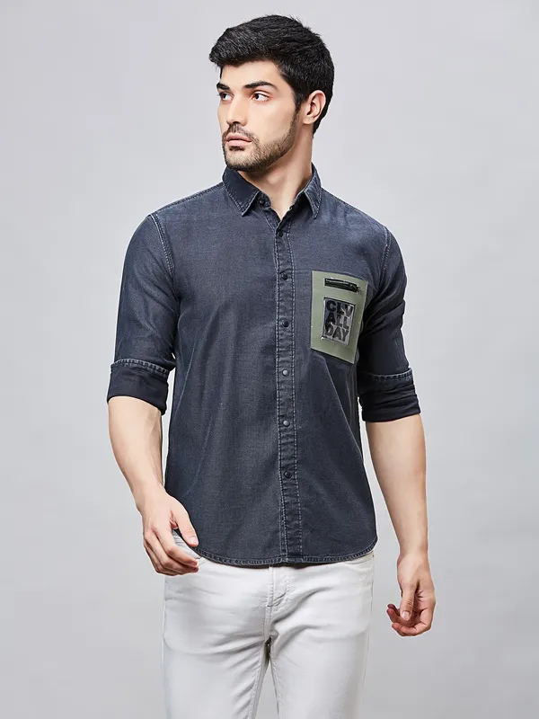 RIVER BLUE denim dark grey plain shirt for men