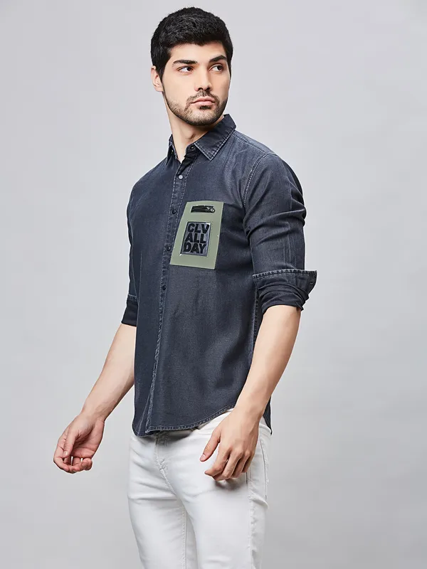 RIVER BLUE denim dark grey plain shirt for men