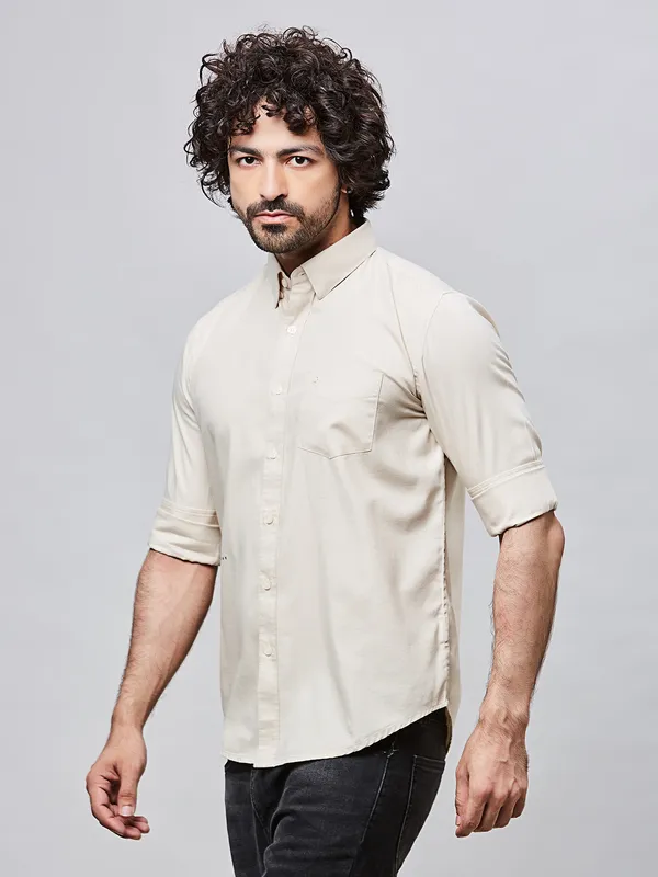 RIVER BLUE fawn solid slim fit cotton shirt