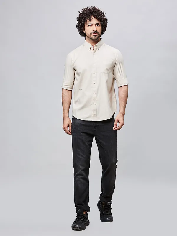 RIVER BLUE fawn solid slim fit cotton shirt