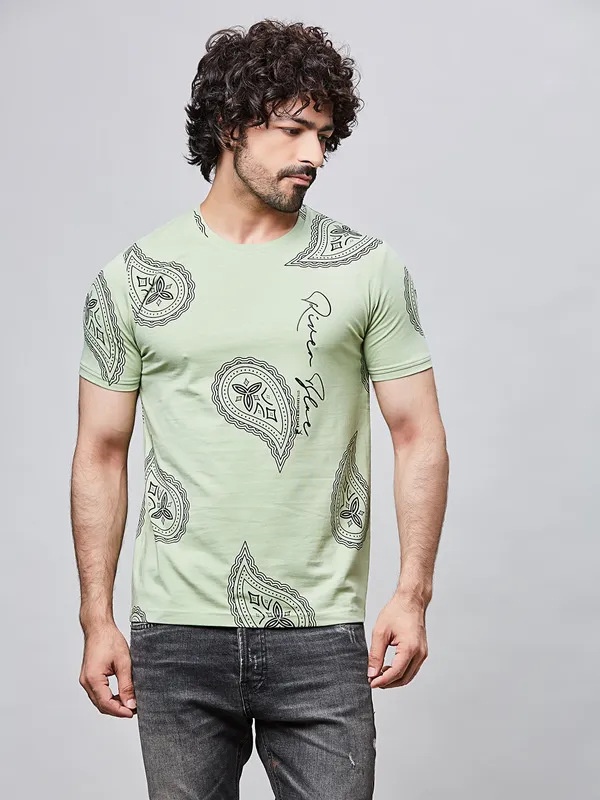 RIVER BLUE green cotton round neck t-shirt