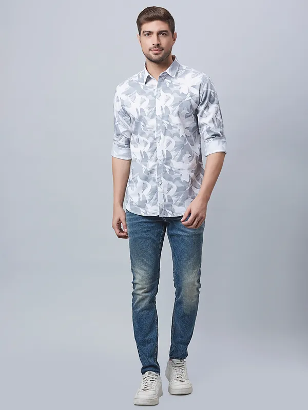 River Blue grey and white printed cotton shirt