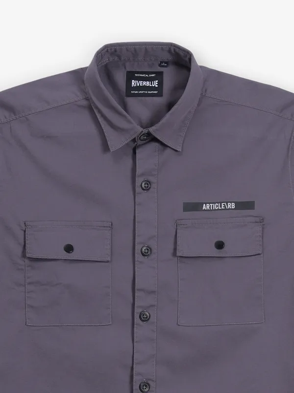 RIVER BLUE grey plain cotton shirt for men