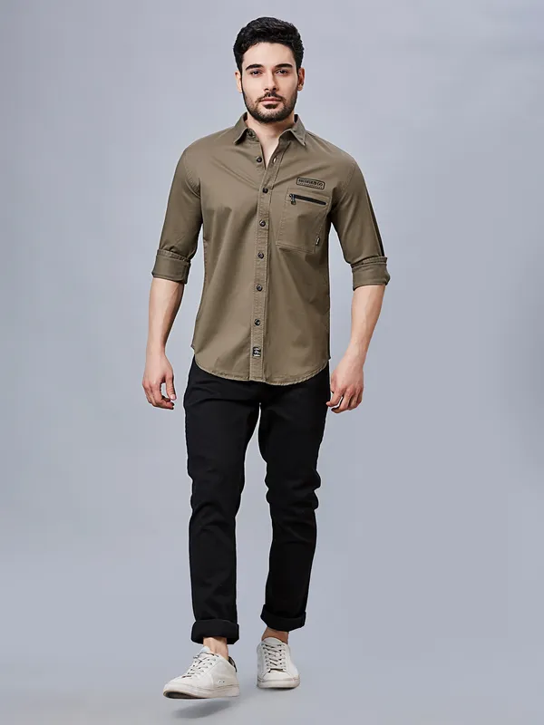 RIVER BLUE khakhi cotton slim fit casual plain shirt