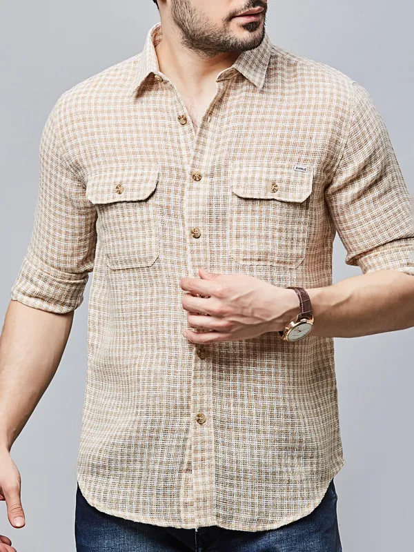 RIVER BLUE knitted checkered beige casual wear shirt