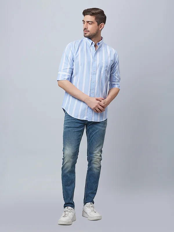 River Blue light blue cotton shirt in stripe