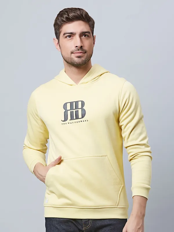 River Blue light yellow printed hooded t shirt